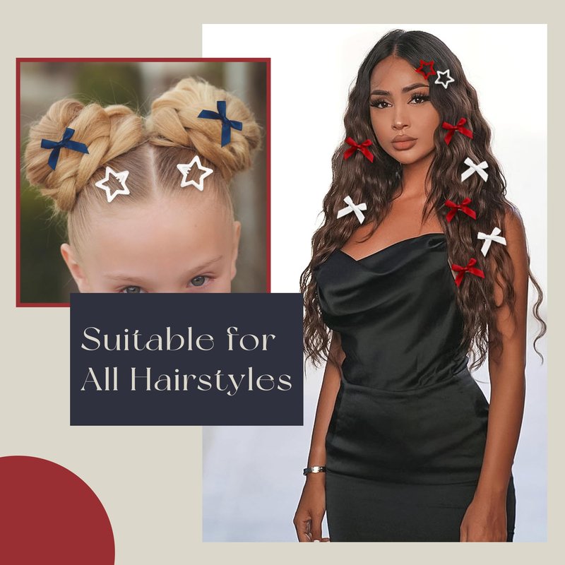 YAEISM 24PCS Star Hair Clips 3 Colors Bow Hair Clips Satin Small Hair Bows Metal Snap Star Clips Y2K Coquette Barrettes American Flag Clips Hair Accessories for Women