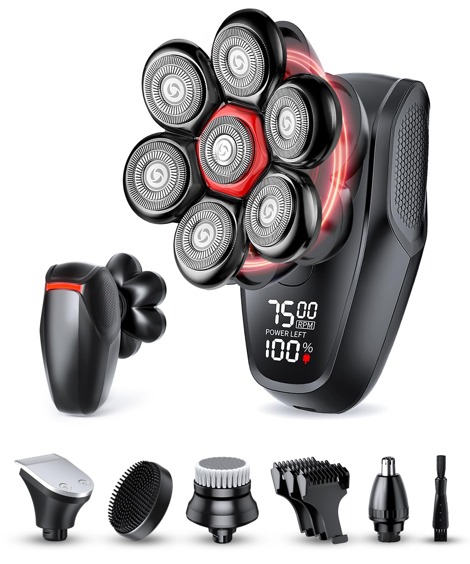 MALEGEBAZ Head shavers for Bald Men 5-in-1 Men's Grooming Kit, 7D Rotary Electric Head Shaver, IPX8 Waterproof Wet/Dry Father's Day High-Gloss Black