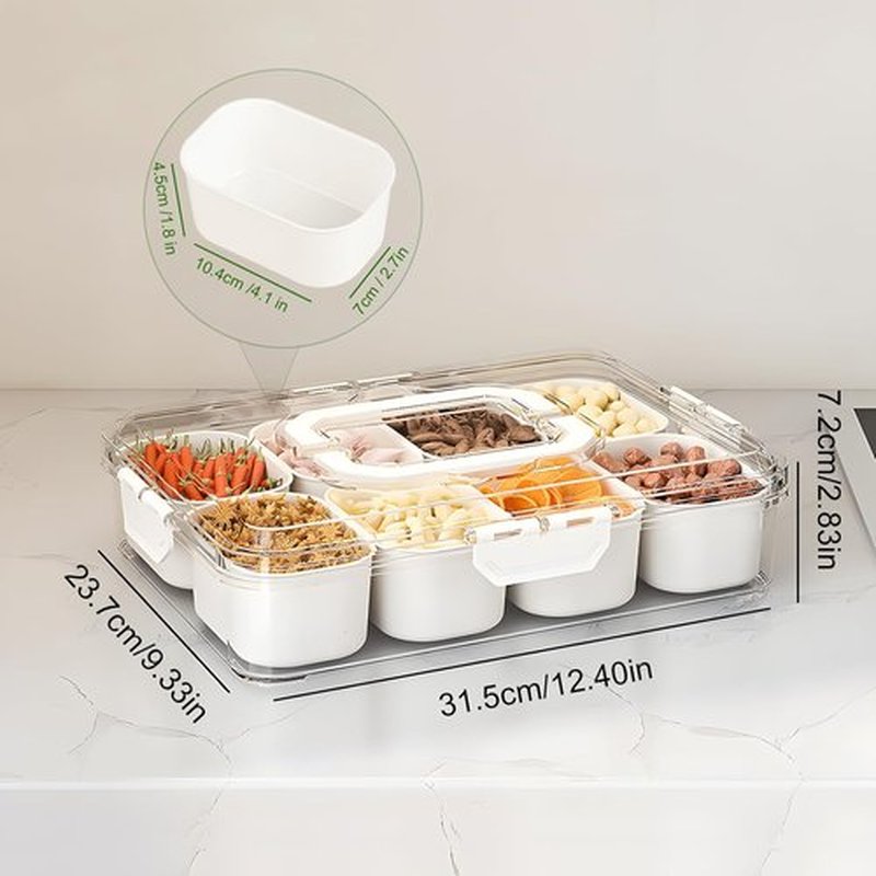 Snackle Box - 8-Compartment Portable Snack Container with Lid & Handle | Clear Serving Tray for Parties