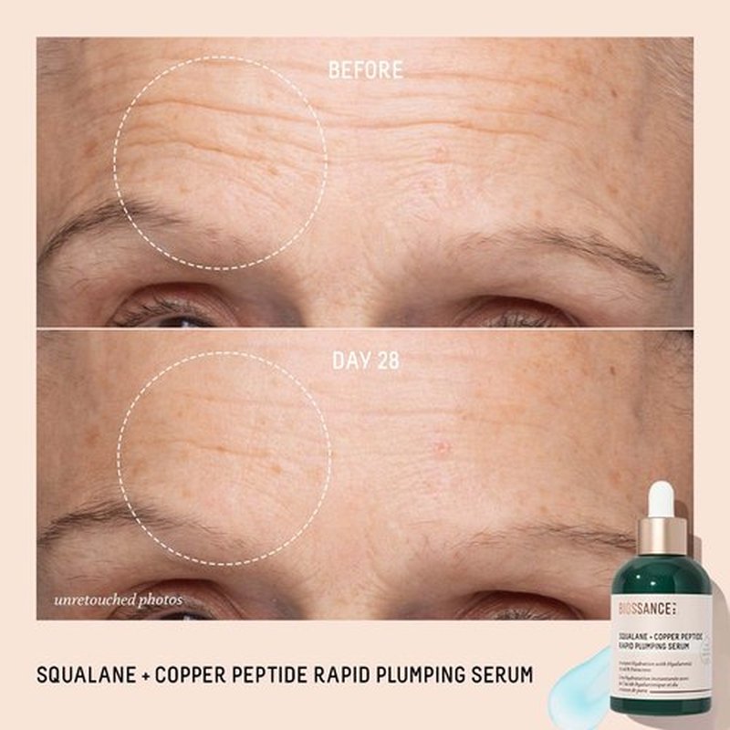 Biossance Squalane + Copper Peptide Rapid Plumping Serum - Face Serum for All Skin Types - Visibly Plumping + Firming Skin, Fine Lines + Wrinkles, Vegan Copper Peptides, Hyaluronic Acid - 0.4oz