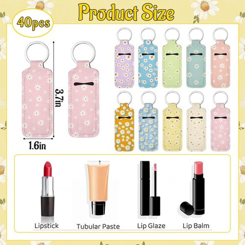 Quelay 40 Pcs Pink Lipstick Holder Keychain Bulk Preppy Bow Lip Gloss Sleeve Lip Balm Holder Gifts for Women(Daisy)