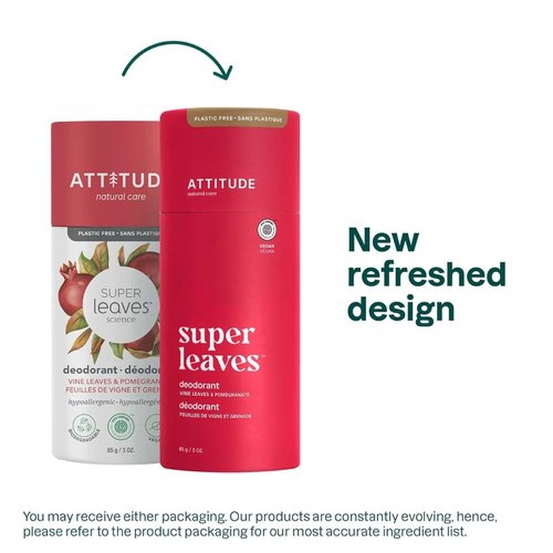 ATTITUDE Plastic-Free Deodorant - EWG Verified, Vegan & Aluminum-Free, Vine Leaves & Pomegranate, 3 Oz