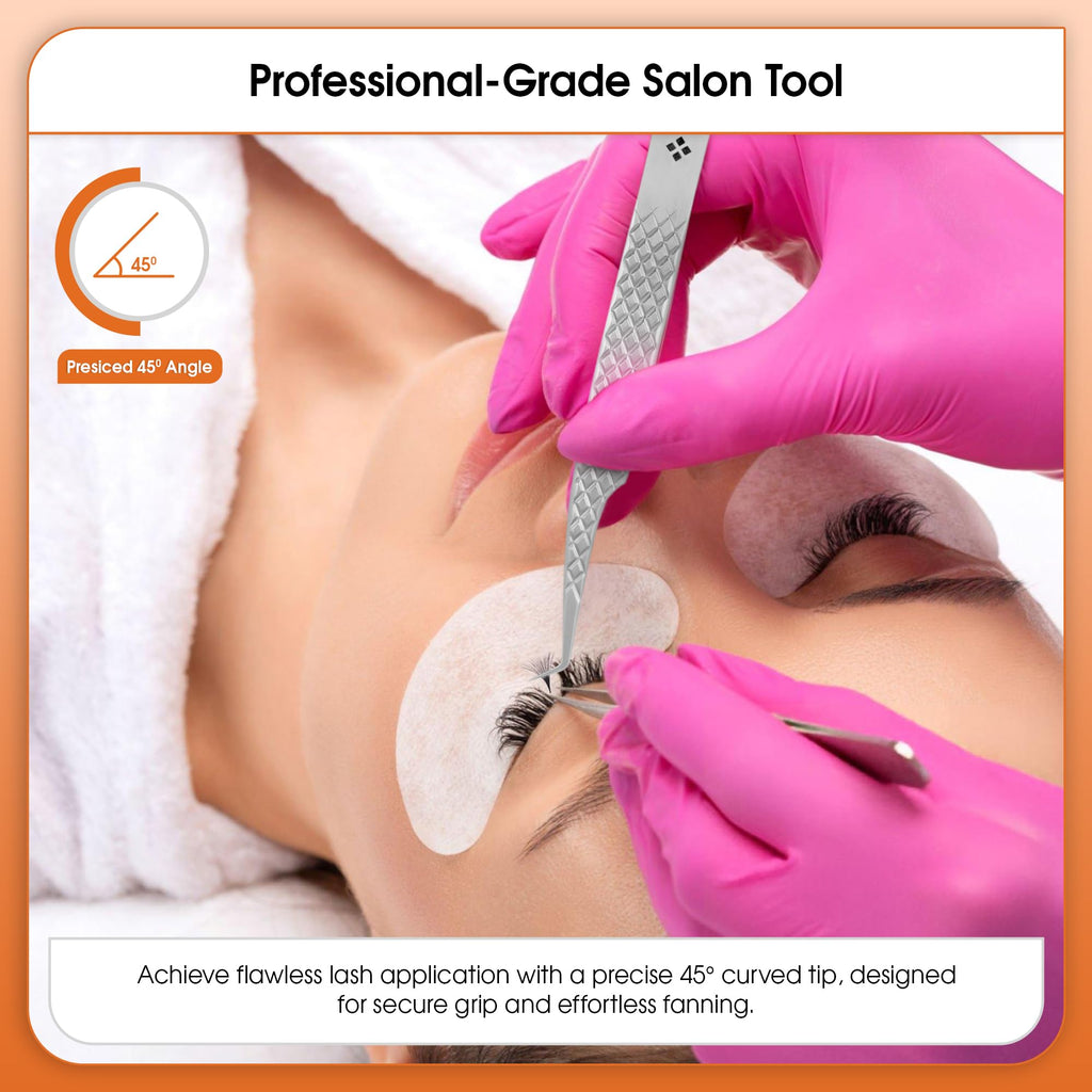 Glory Professional Angled Fiber Tip Eyelash Tweezers for Volume & Mega Volume, Diamond Grip Stainless Steel Precision Lash Extension Tweezers