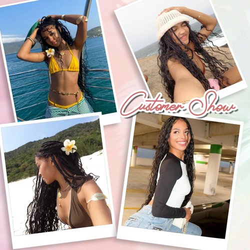 Eeanno Goddess Box Braids Crochet Hair for Black Women 24 Inch 7 Packs Natural Black Boho Hair Pre Looped Crochet Box Braids with Curly Ends, 1B