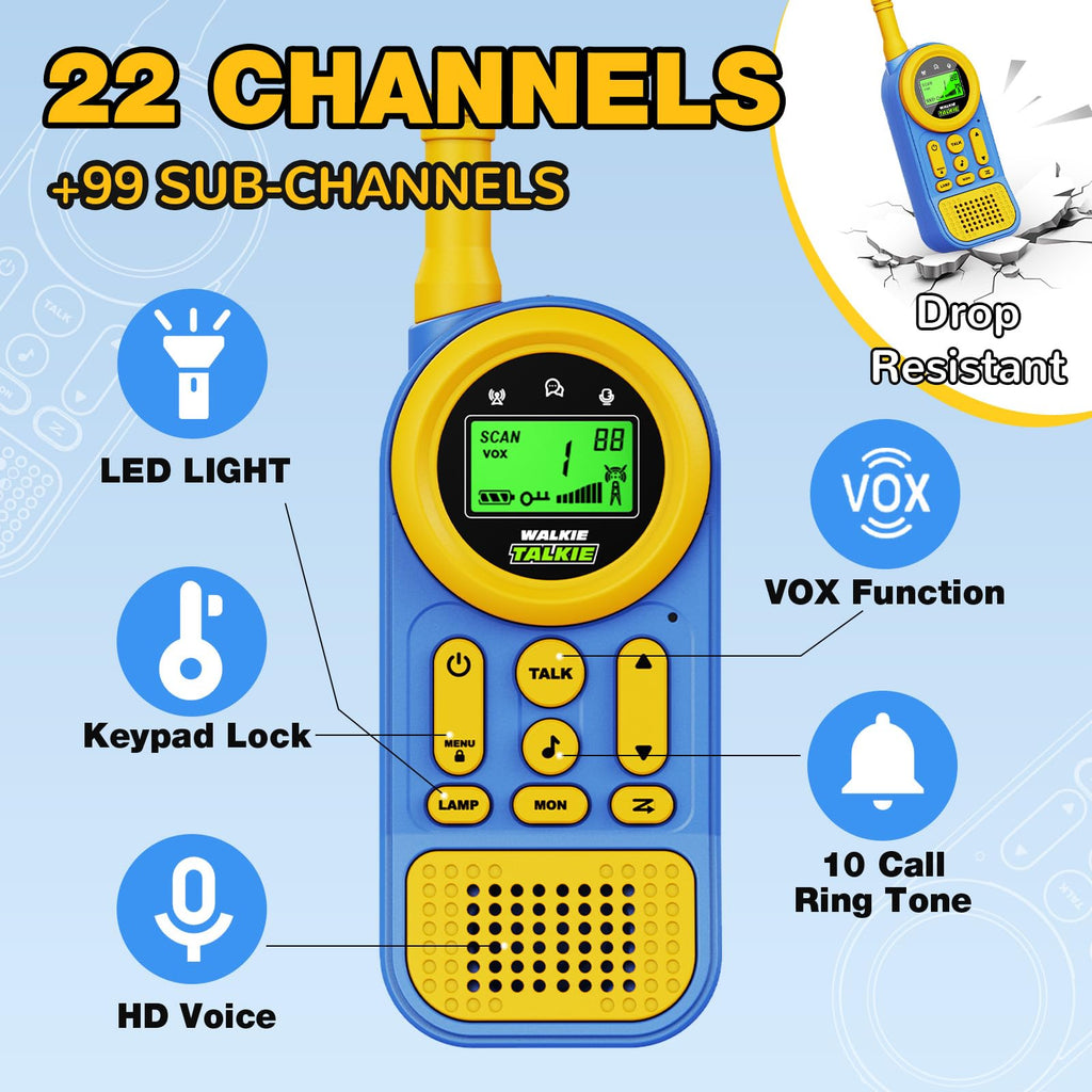 Ptnerbeh Walkie Talkies for Kids Toys: Toys for 3-12 Year Old Boys Girls - 22 Channels 2 Way Radio Toy with Backlit LCD Flashlight - 3 Miles Range for Outside/Camping/Hiking (2-Pack) Blue