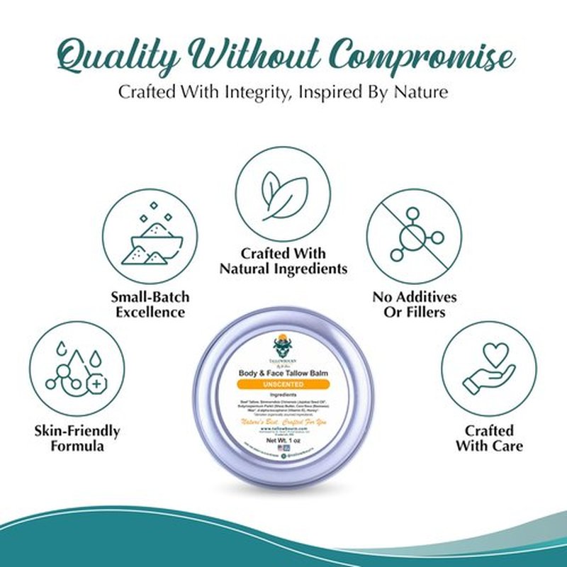 Tallowbourn Grass Fed Beef Tallow Balm for Face and Body with Shea Butter, Organic Jojoba Oil, Honey, and Beeswax – Beef Tallow for Skin – Unscented Balm – 1 oz