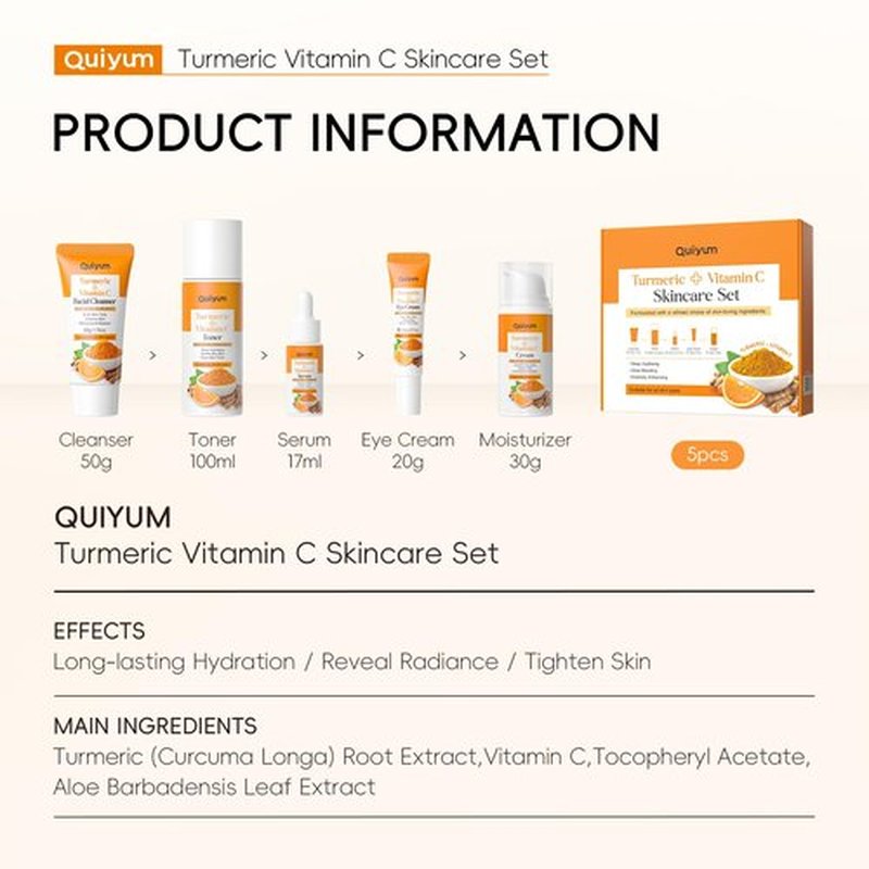QUIYUM Skin Care Set, Turmeric Vitamin C Skincare Kits 5PCS - Beauty Facial Skin Care Routine Set Kit for Women, Dark Spot Remover for Face, Reduce Acne, Even Tone, Glow, Valentine's Day Birthday Gift