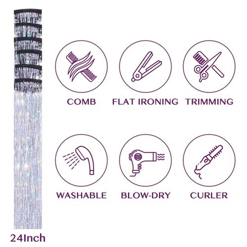IDN BEAUTY Hair Tinsel Clip in, 6pcs Silver Sparkling Tinsel Hair Extensions 3s Wear and Go for Party Daily Travel Birthday, 24Inch Hair Accessories for Girls Women Kids