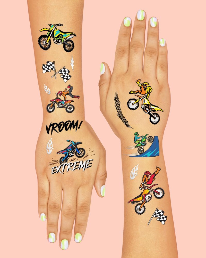 xo, Fetti Dirt Bike Temporary Tattoos Party Decorations - 48 Silver Foil | Birthday Party Decorations, Motocross Accessory, Motorcycle Theme Favor, Boys Bicycle Gift + Supplies, Checker Flag Décor