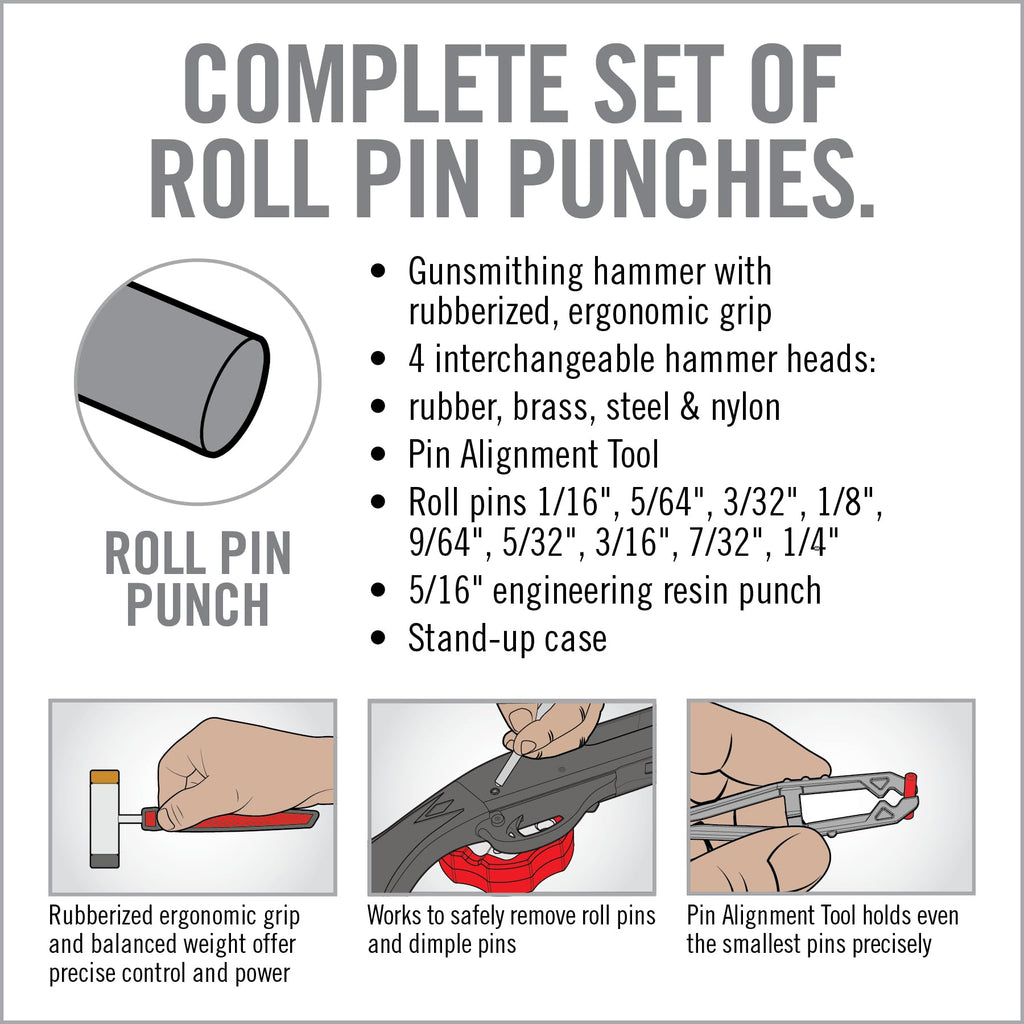 Real Avid Roll Pin Punch Set & Hammer + Non-Slip Magnetic Bench Block | 10 Nickel-Plated Steel Roll Pin Punches, 4 Interchangeable Hammer Heads - Brass, Steel, Ruber, Nylon & Non-Marring Bench Block