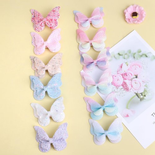 Rainbow Glitter Butterfly Hair Clips Set for Toddlers and Kids - 12 Pieces Sparkly Sequin Bows