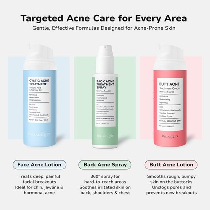 BellamiLuxx Back and Body Acne Treatment Spray: 2% Salicylic Acid & Tea Tree Oil Bacne Spray for Clear, Soothe & Moisturize - Effective for Men, Women, Teens with Back, Shoulder, Arm, and Chest Acne