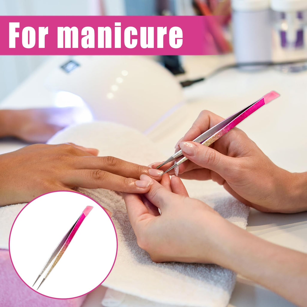 2 PCS Double Ended Nail Art Tweezers, Stainless Steel Straight and Curved Tip Tweezers with Silicone Pressing Head for Eyelash Extensions,DIY Crafts, Nail Art, Scrapbooking,Jewelry Making