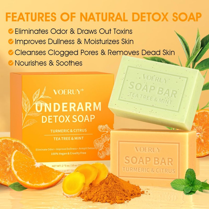 Underarm Detox Soap - 2 Pcs with Turmeric & Citrus, Tea Tree & Mint, Dark Spot Armpit Remover for Women and Men, Eliminating Odor, Natural Exfoliating Bar Soap for Armpit & Whole Body - 10 oz (280g)