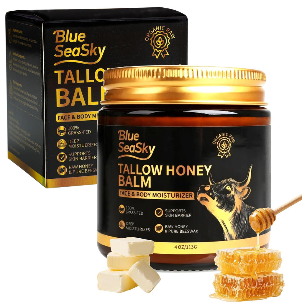 Blue Sea Sky Whipped Grass Fed Beef Tallow Balm with Raw Honey, Tallow Moisturizer for Dry Sensitive Skin, Redness Itch Relief, Eczema Rosacea Support, Non-Comedogenic Face & Body Skin Care