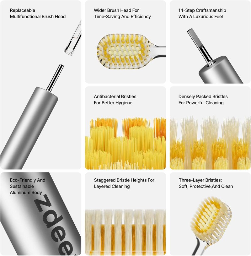 ZDEER Ultra Soft Bristle Toothbrush for Sensitive Gums - Aluminum Alloy Handle with 11 Replaceable Heads
