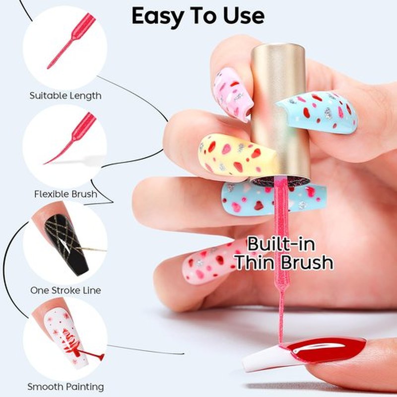 AIMEILI Gel Polish Nail Art Liner, Hema Free, Cruelty Free, Vegan, 6 Colors Black White Red Pink Gold Silver Design Paint for French Chrome Manicure DIY