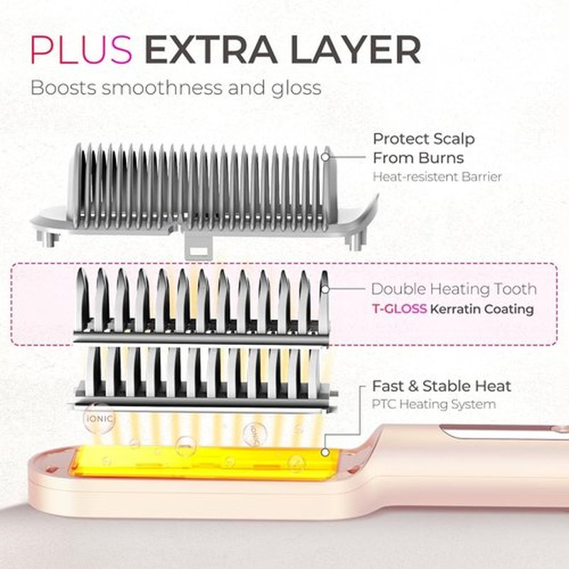 TYMO Ring Plus Ionic Hair Straightener Brush - Professional Styling Tool with 9 Temp Settings & LED Display, Gold Blush