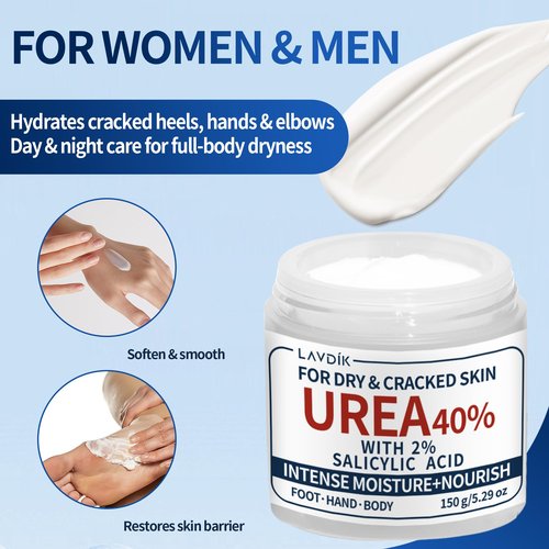 LAVDIK 40% Urea Cream with 2% Salicylic Acid, Maximum Strength Moisturizer for Dry, Cracked Skin on Feet, Hands, Heels, Elbows, and Knees, 5.29 OZ