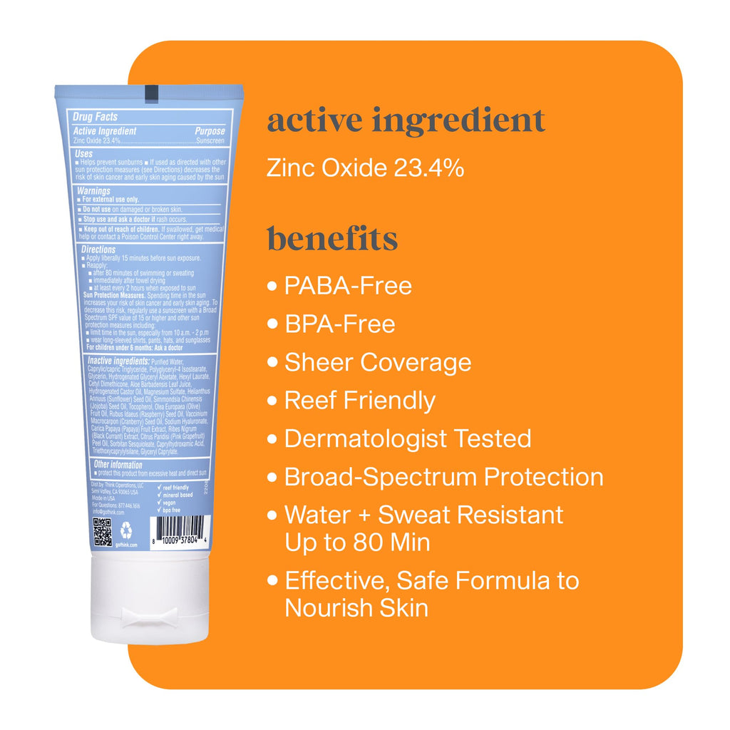 Thinksport SPF 50+ Mineral Sunscreen with Clear Zinc Oxide, 3 Fl Oz – Safe, Natural, Water Resistant, Broad Spectrum UVA/UVB Sun Screen for Sun Protection – Vegan, Reef Safe Sunscreen
