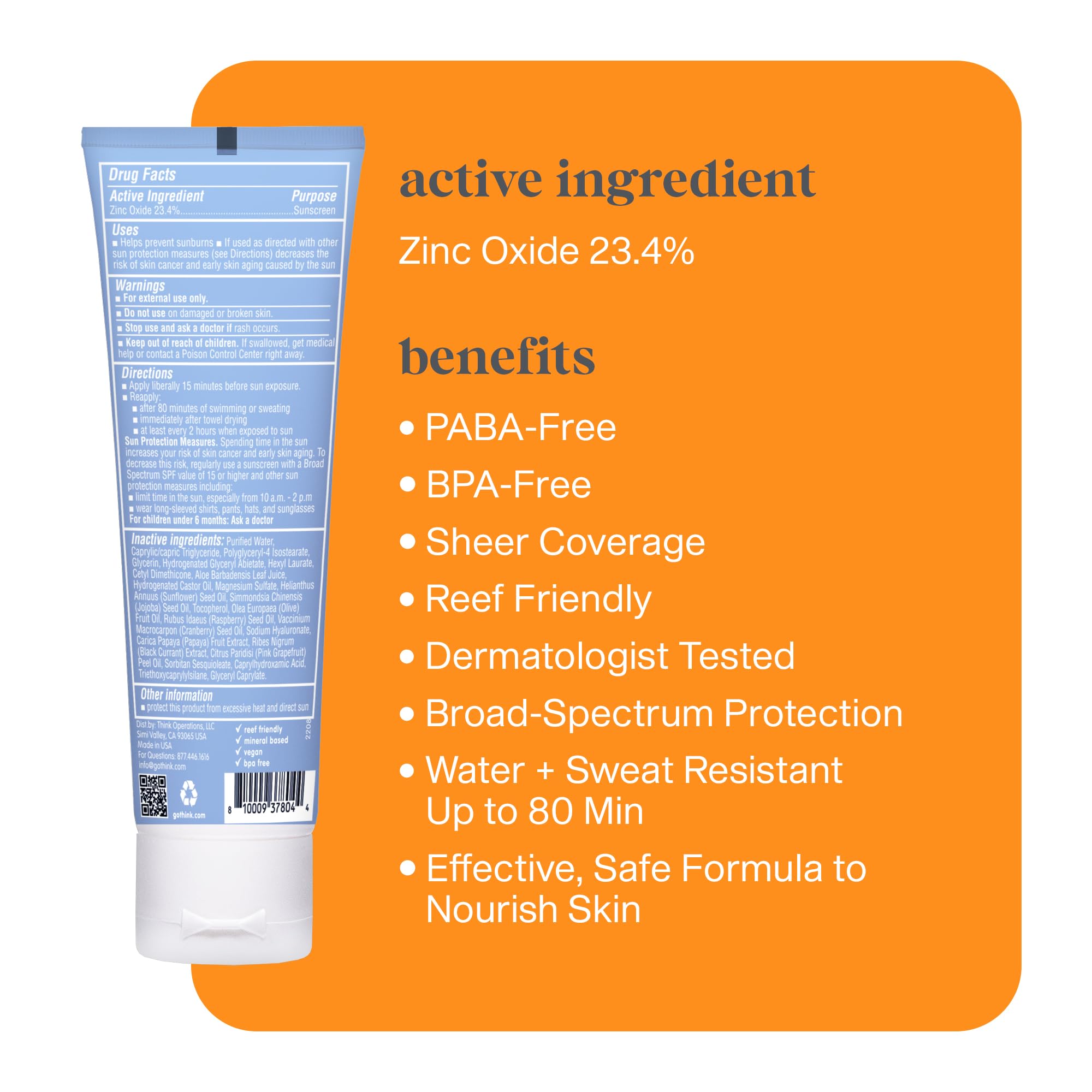 Thinksport SPF 50+ Mineral Sunscreen with Clear Zinc Oxide, 3 Fl Oz – Safe, Natural, Water Resistant, Broad Spectrum UVA/UVB Sun Screen for Sun Protection – Vegan, Reef Safe Sunscreen