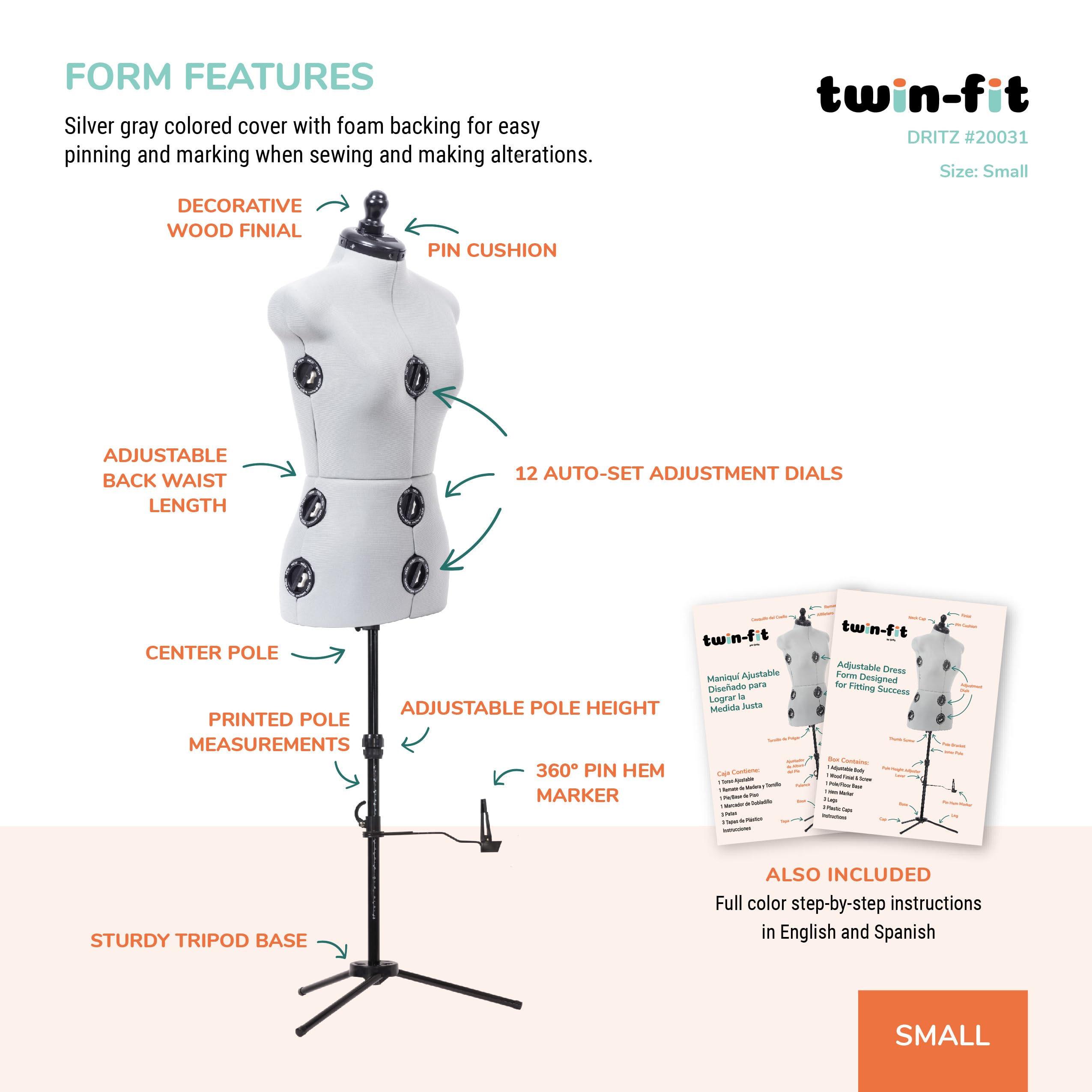 Dritz Twin-Fit Adjustable Dress Form - Small Sizes US 4-10 - Female Clothing Mannequin for Sewing, Fitting, and Draping - Pinnable Sewing Mannequin with 13 Dials for Fitting + 360 Hem Guide