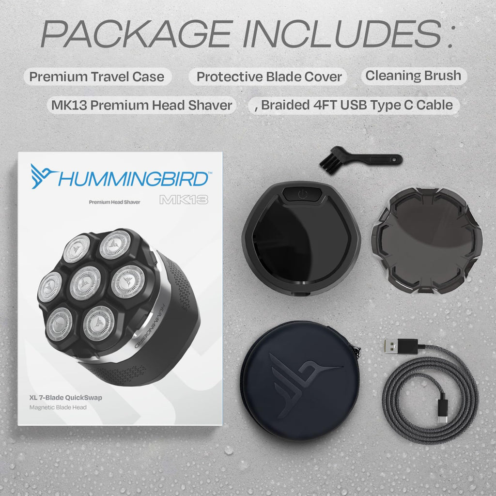 HUMMINGBIRD MK13 Premium Head Shaver, 7 Blade Electric Razors for Men, Cordless USB-C Rechargeable Wet & Dry Electric Head Shavers for Bald Men, Waterproof Skull Shaver, LED Display, Travel Case