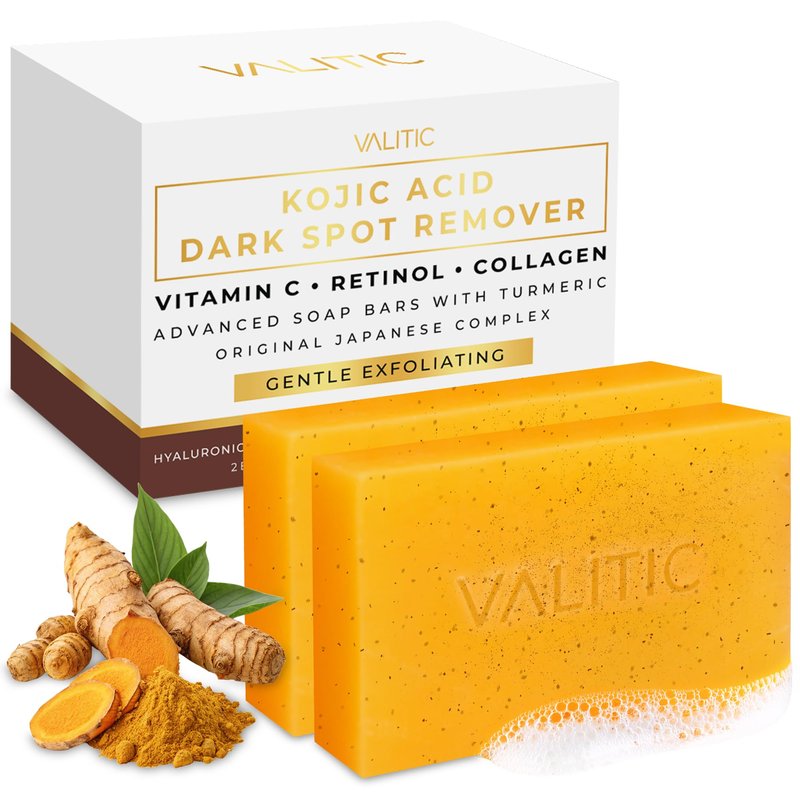 VALITIC Kojic Acid Soap - Turmeric Soap for Dark Spots for Face and Body - Exfoliating Bar for Hyperpigmentation, Skin Tone Corrector with Retinol, Vitamin C, Collagen and Hyaluronic Acid - 2 Pack