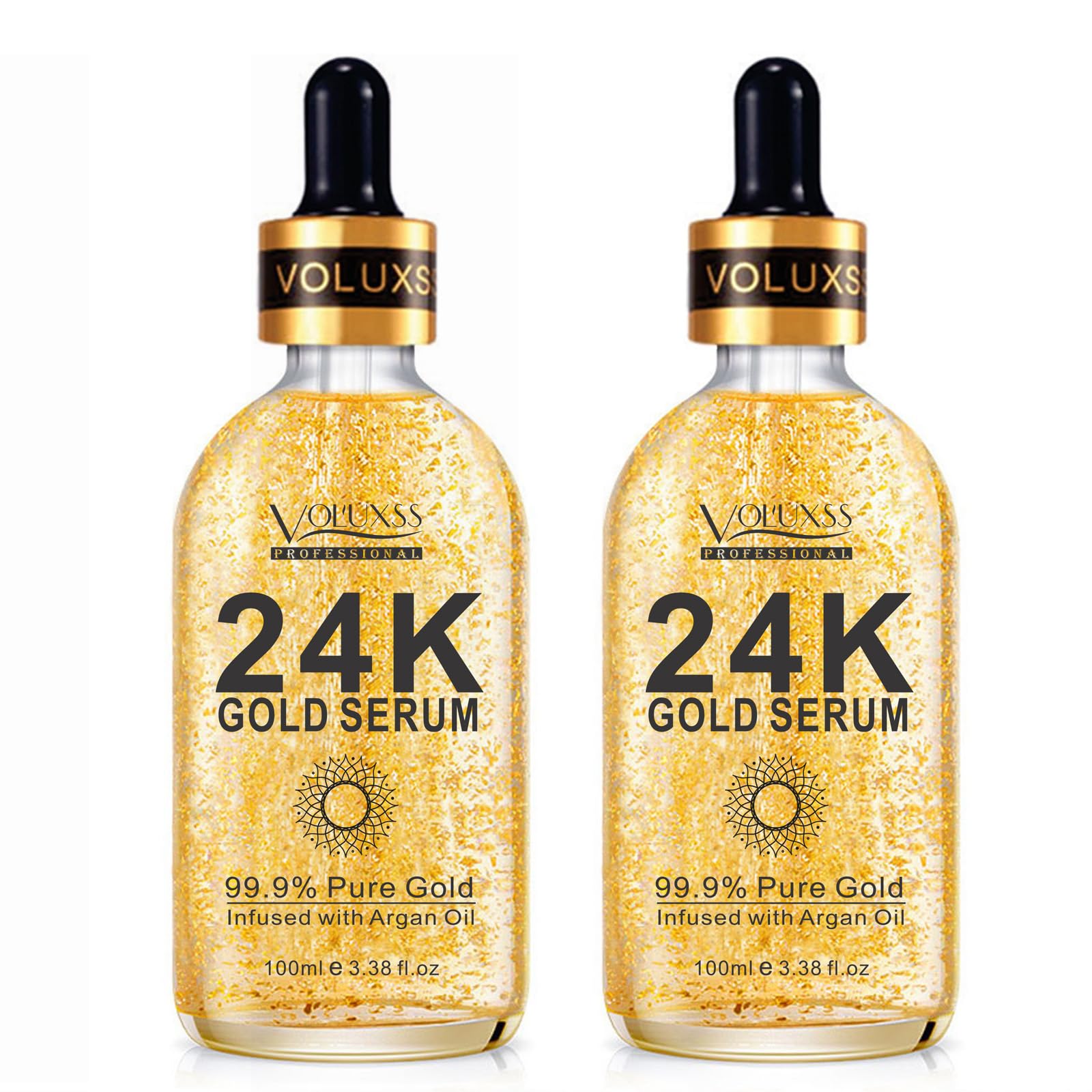 24K Gold Anti-Aging Face Serum 2Pack with Vitamin C & Hyaluronic Acid. Real 24k Gold Serum for face Boosts Collagen, Reduces Dark Spots & Fine Lines for Hydrated, Radiant Skin 6.76fl.oz