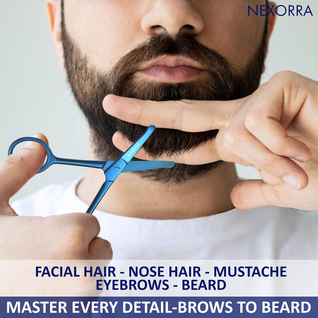 Nexorra Nose Hair Small Scissors for Men & Women Stainless Steel Safety Scissors for Facial Hair, Eyebrows, Beard, Ear & Eyelash Trimming Travel Grooming Tool with Rounded Tip Mustache Scissor.