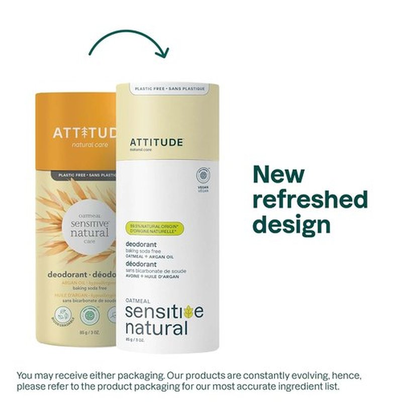 ATTITUDE Baking Soda Free Deodorant - Sensitive Skin Formula with Oatmeal & Argan Oil | 3 Ounces