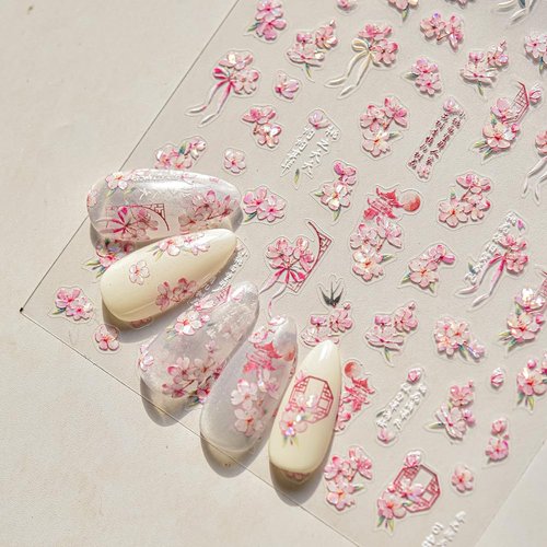 3D Spring Floral Nail Art Stickers, Pink and White Peach Pear Cherry Blossoms Design, Decorative Nail Decals (Delicate Flower)