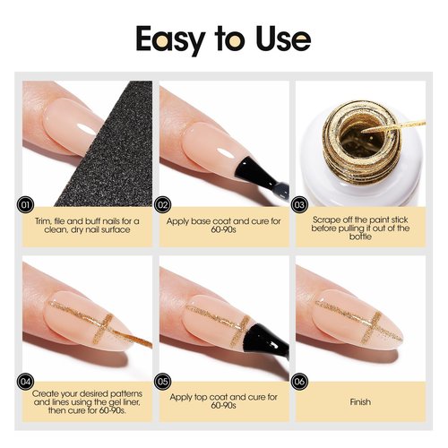 GELLEN Gold Silver Liner Gel Nail Polish, 2Pcs 10ml Soak off Uv Lamp Glitter Nail Art Polish Set with Built Thin Brush, Gel Art Paint for Sparkly Shiny Swirl Nails, Christmas Diy Gift for Women Girls