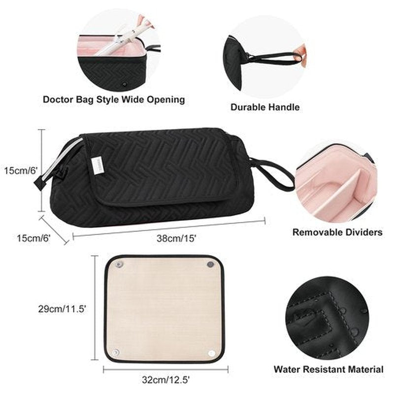 Leudes Hair Tools Travel Bag for Women Heat Resistant Mat for Travel Essentials Hot Tools Straighteners,Flat Irons,Curling Iron,Hot Air Brushes and Hair Dryer Organizer Bags 2 in 1 (BlackA)