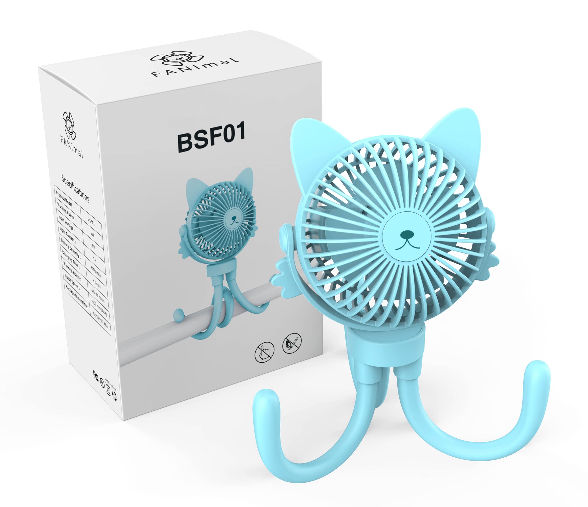 FANimal Portable Stroller Fan for Baby – Rechargeable Handheld & Clip-On USB Fan, Stroller Accessories with Night Light (Blue)