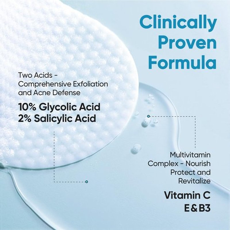 Elvira Glycolic Acid Exfoliating Facial Pads With 10% Glycolic Acid, 2% Salicylic Acid & Niacinamide - 60 Toner Pads, Daily Peel Treatment for Acne Prone Sensitive Skin