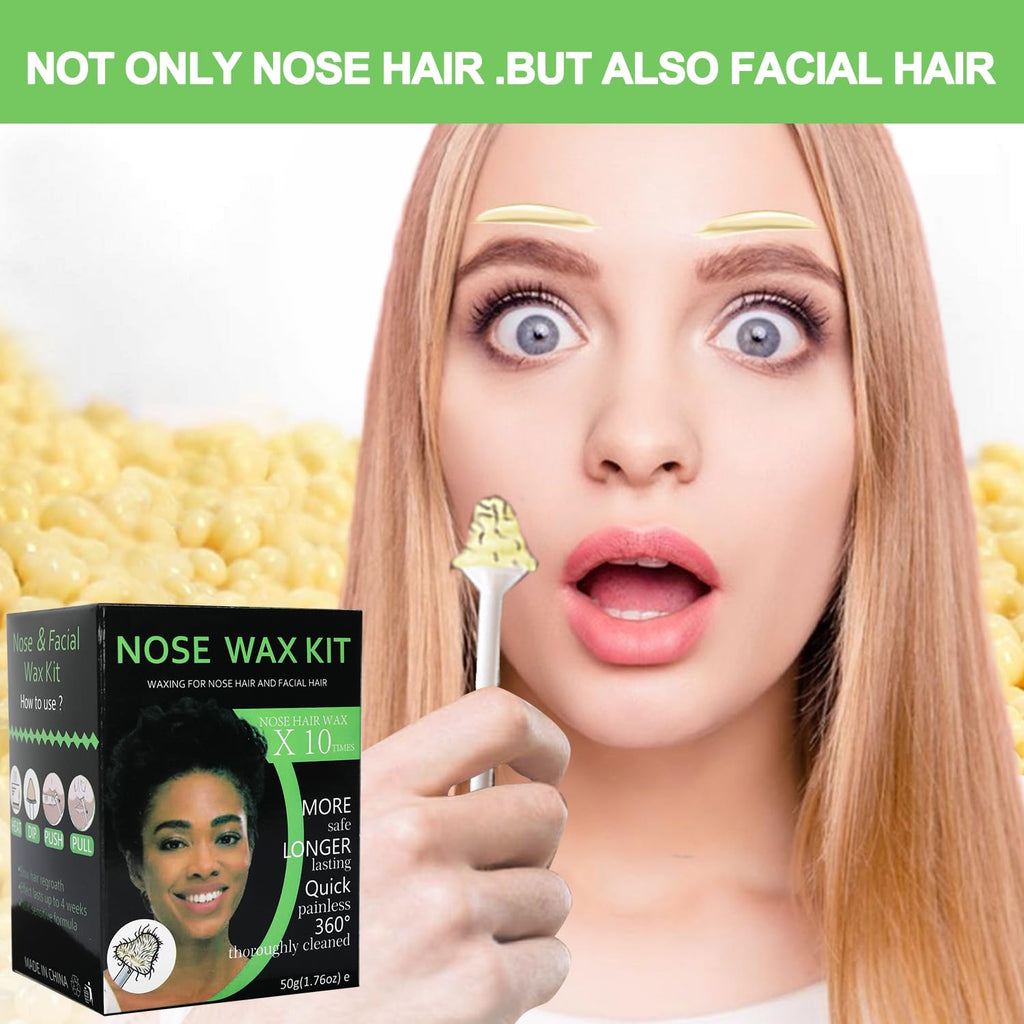 Nose and Ear Hair Waxing Kit - Hair Removal Set for Men and Women with 50g Wax Beads, 20 Applicators (10 times), 10 Paper Cups, and 10 Mustache Guards