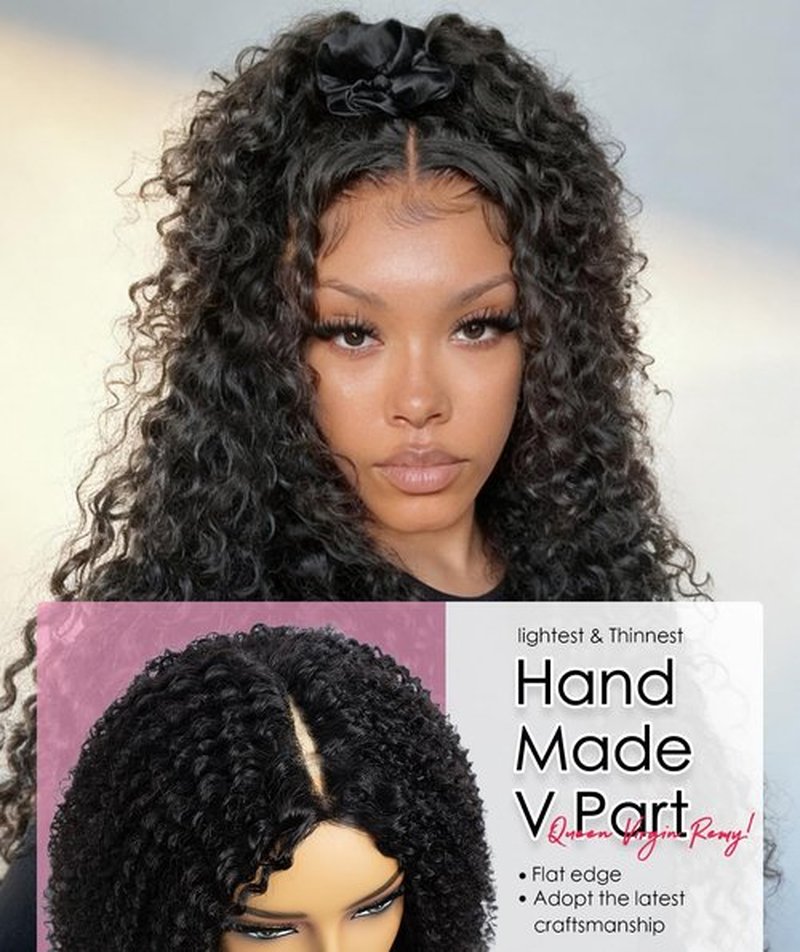 QUEEN VIRGIN REMY QVR Lace V Part Wig Human Hair No Leave Out Glueless V Shape Full Head Clip In Half Wig with Drawstring Kinky Curly U Part Human Hair Wig for Black Women 16 Inch Natural Black