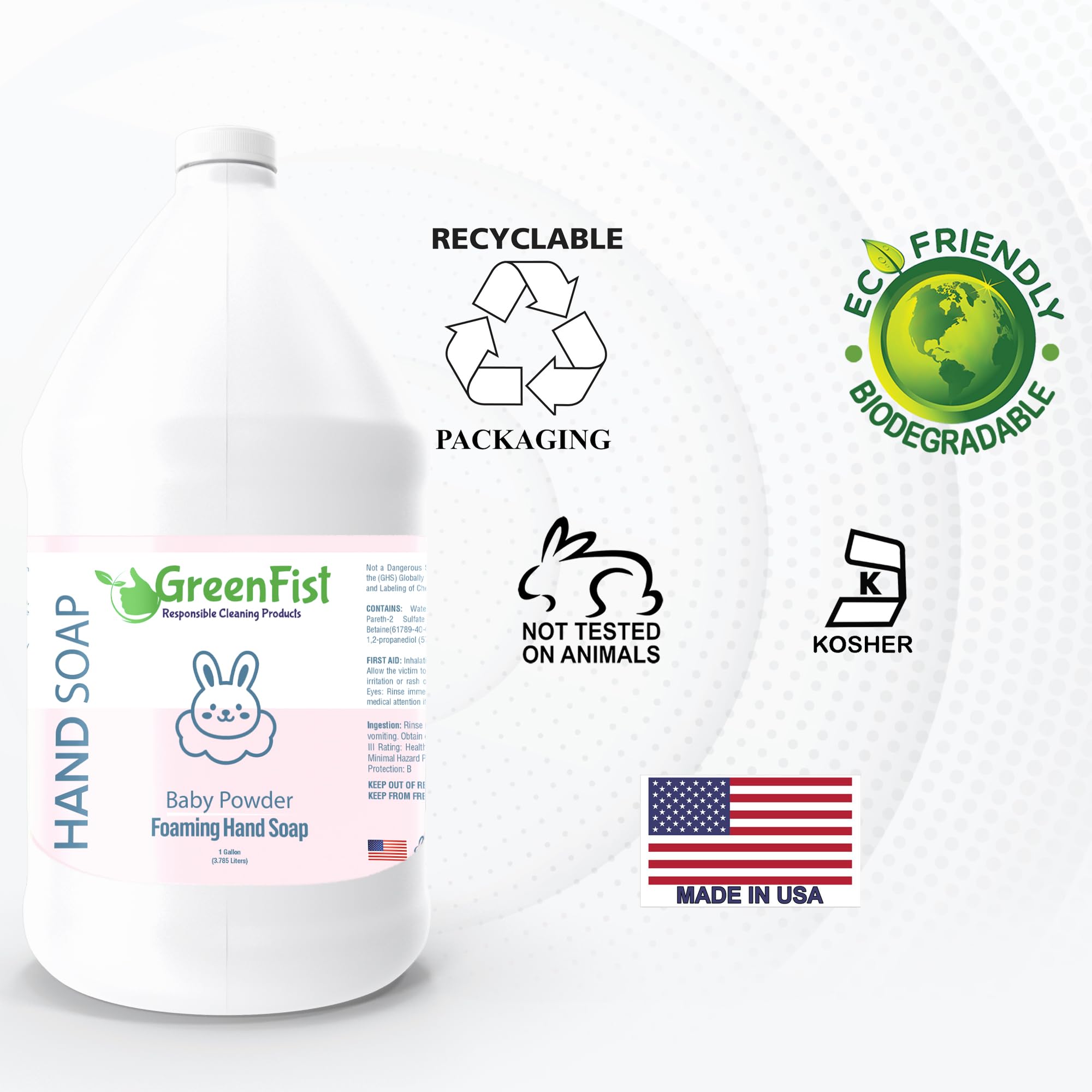 GreenFist Foaming Hand Soap Refills Baby Powder Scent Jug Foam Refill Made in USA, 128 ounce (1 Gallon)