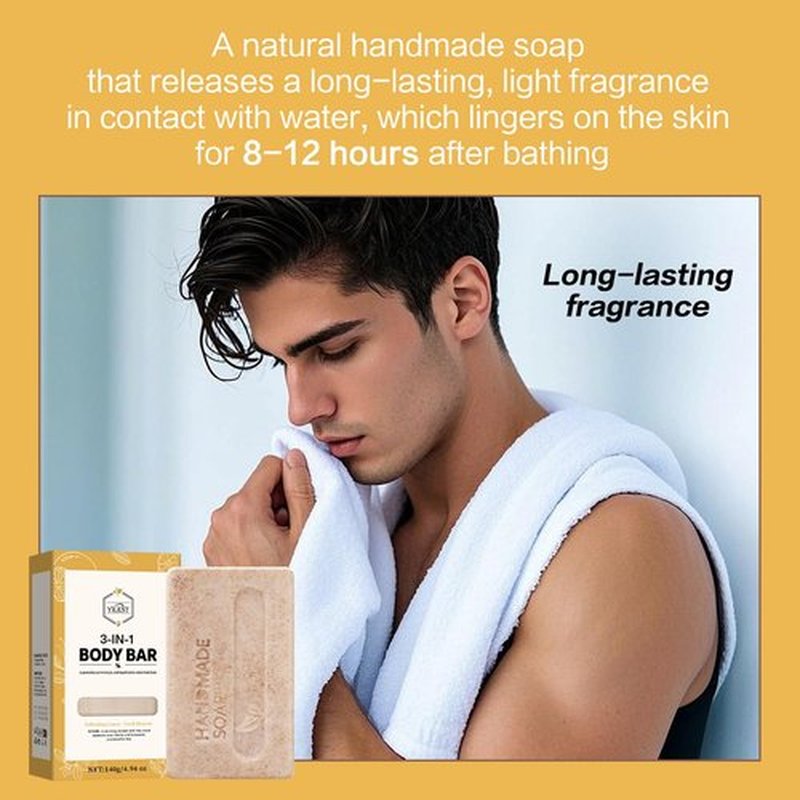 Men’s 3-in-1 Summer Body Bar Soap – 2 Pack Exfoliating, Cleansing & Moisturizing | Shea Butter + Oat Kernel | Handmade Natural Soap for Back & Body (2, Sandalwood & Lemon Scents)