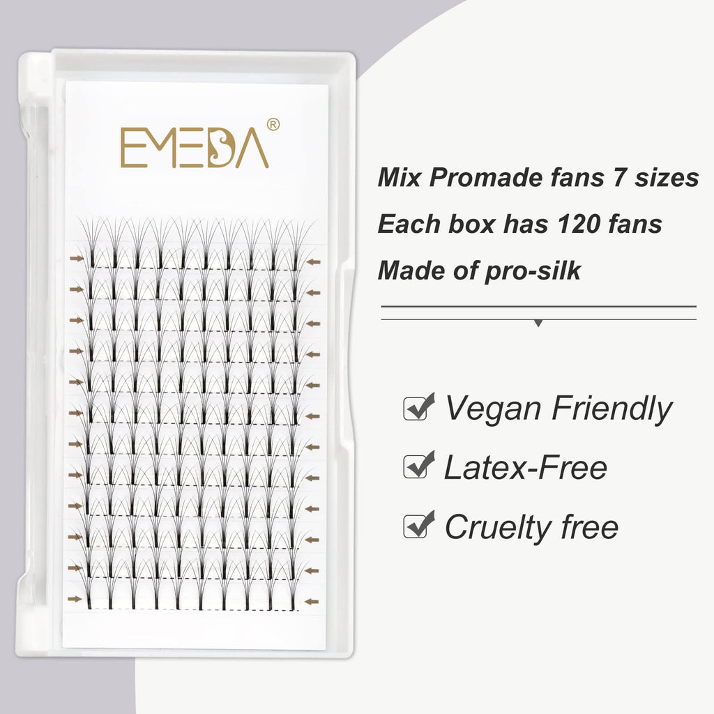 EMEDA Premade Fans eyelash extensions Mixed Tray, Long Stem Pre Made Fanned Russian Volume Lash Extensions 5D .10 d curl 9-15mm Mix Tray