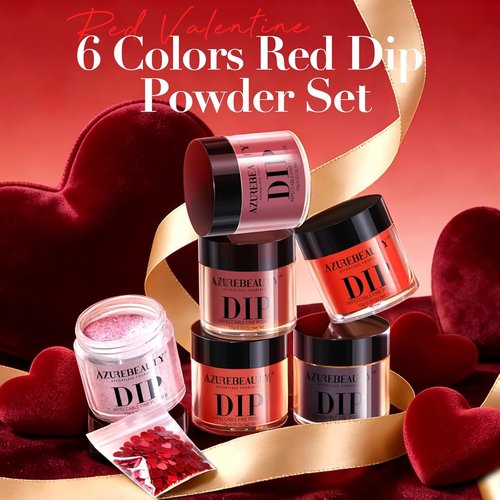 AZUREBEAUTY Dip Powder Starter Kit - Red Glitter & Heart-Shaped Sequins | 6 Colors for DIY Nail Art