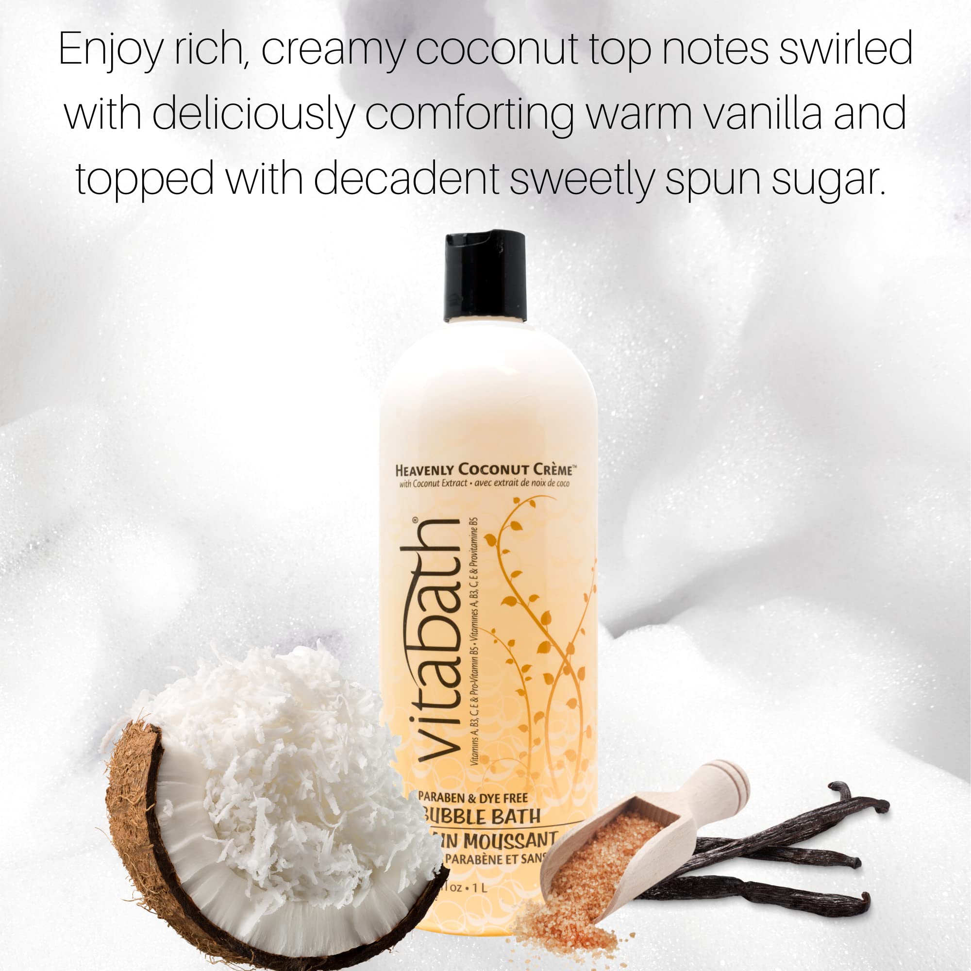 Vitabath Heavenly Coconut Crème Bubble Bath Rich Foaming Bubbly Soak & Relaxing Aromatherapy Moisturizing & Nourishing Indulgent Suds for Women & Men All Skin Types - 33.8 fl oz