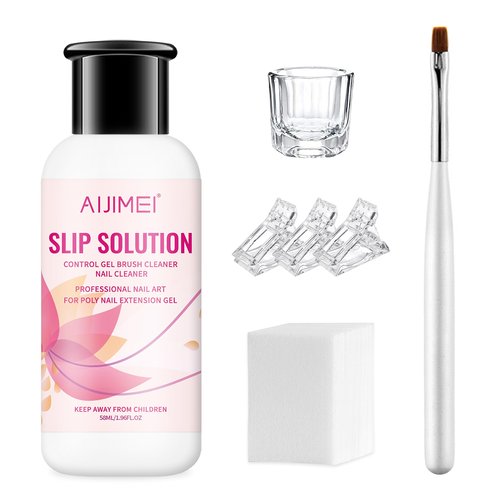 AIJIMEI 58ml/2fl.oz Nail Slip Solution Set Slip Solution for Poly Nail Gel Nails Nail Extension Professional Poly Nail Gel Slip Solution with Nail Brush Glass Crystal Cup for Home and Salon
