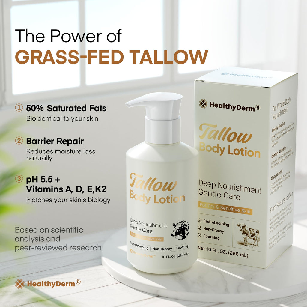 Beef Tallow Body Lotion for Skin: Grass-Fed Daily Moisturizing Cream for Dry, Mature & Crepey Skin, Fast-Absorbing, Non-Greasy, Fragrance-Free Moisturizer with Aloe & Shea Butter (Yellow Bottle)