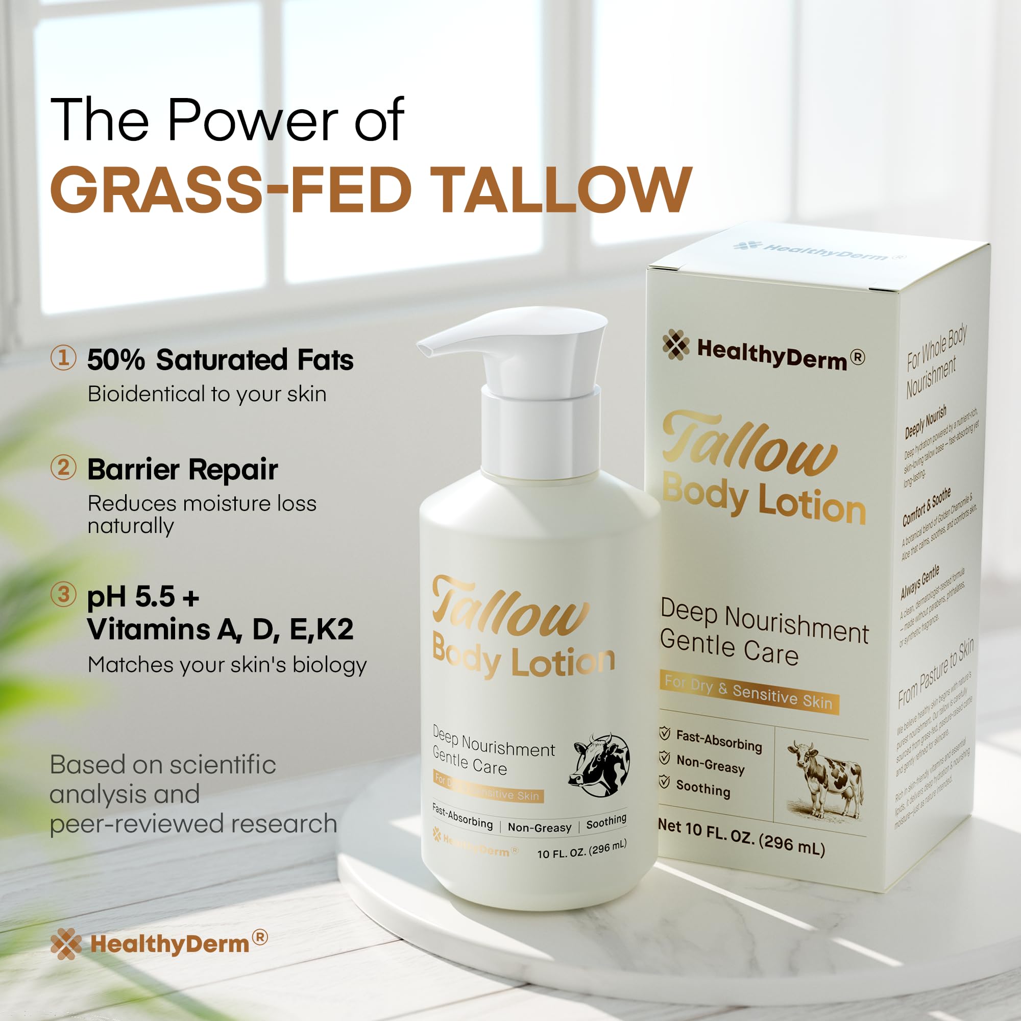 Beef Tallow Body Lotion for Skin: Grass-Fed Daily Moisturizing Cream for Dry, Mature & Crepey Skin, Fast-Absorbing, Non-Greasy, Fragrance-Free Moisturizer with Aloe & Shea Butter (Yellow Bottle)