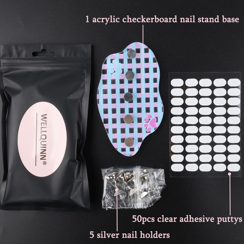 Wellquinn Nail Stand for Press On Nails Display Practice Art Magnetic Fake Nail Holder for Painting Nails Stand for False Nail Designs for Home DIY Beginner Salon Supplies - Checkerboard