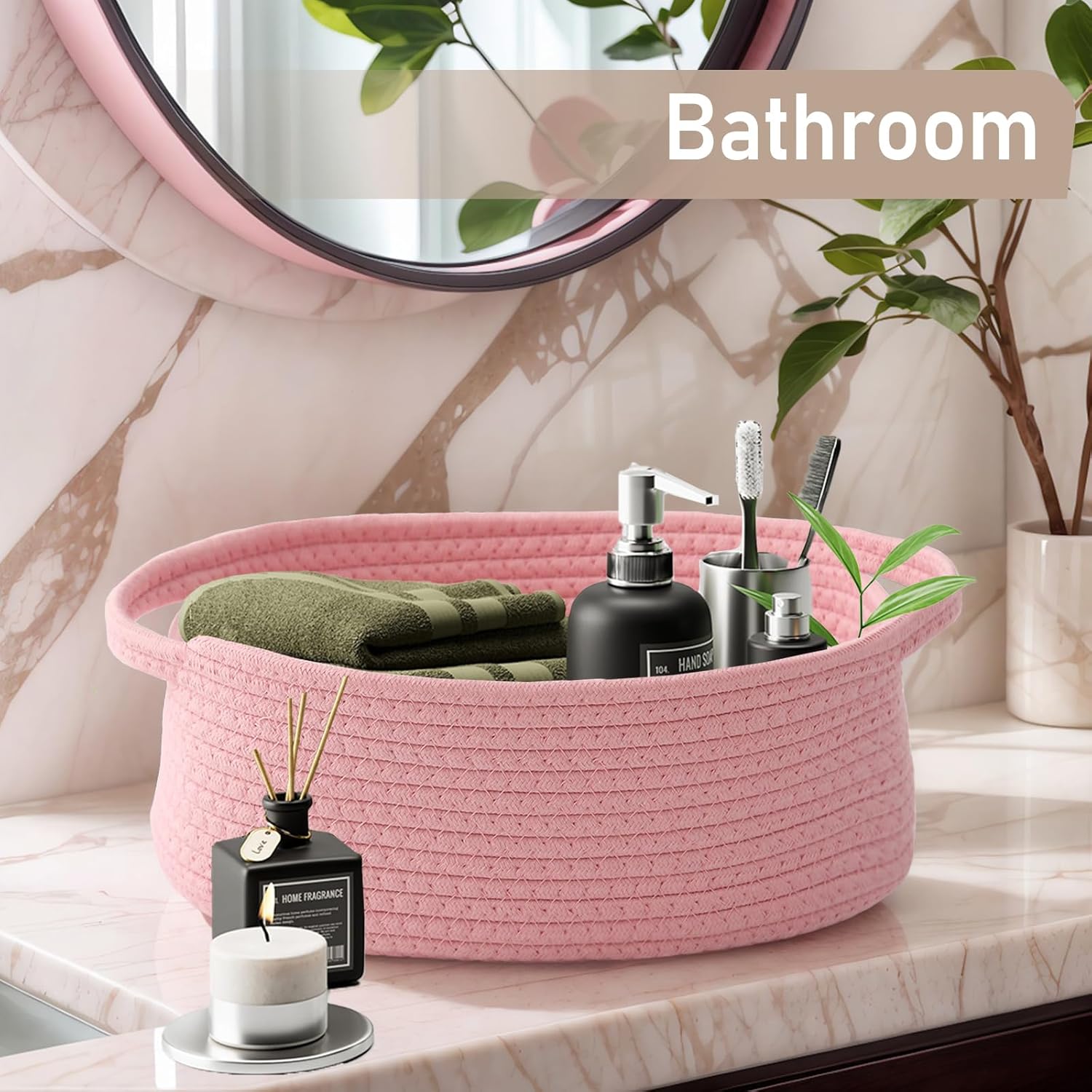 **JMvicyroam Woven Basket - Small Rope Storage Bin with Handles for Organizing Shelves | Pink, 2 Pack**