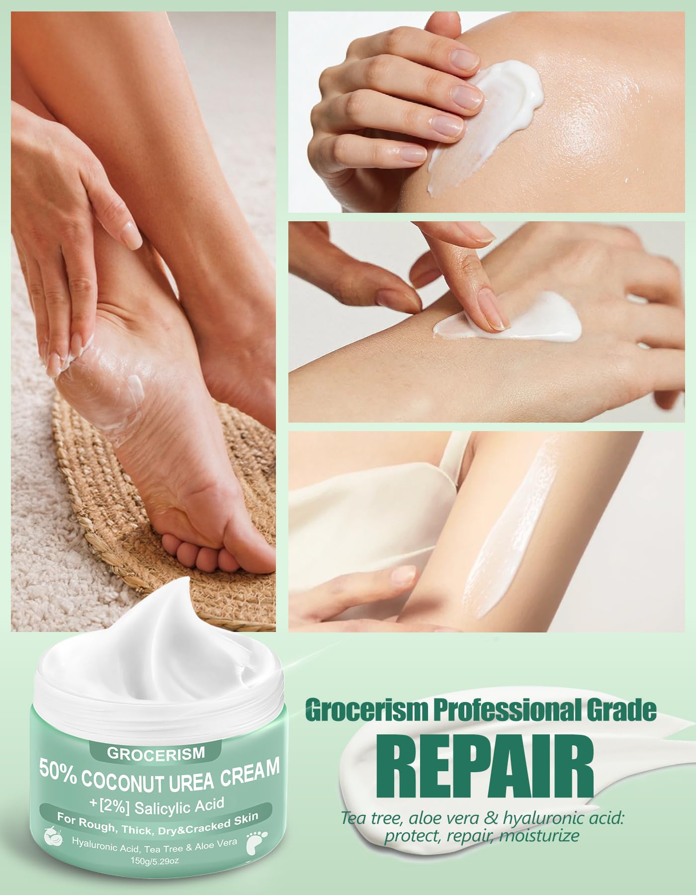 Urea Cream 50 Percent for Feet with Coconut 5.29 oz || Foot & Hand Cream Maximum Strength with 2% Salicylic Acid, Tea Tree and Aloe Vera for Deep Moisturizing and Callus Removing (Upgraded Formula)