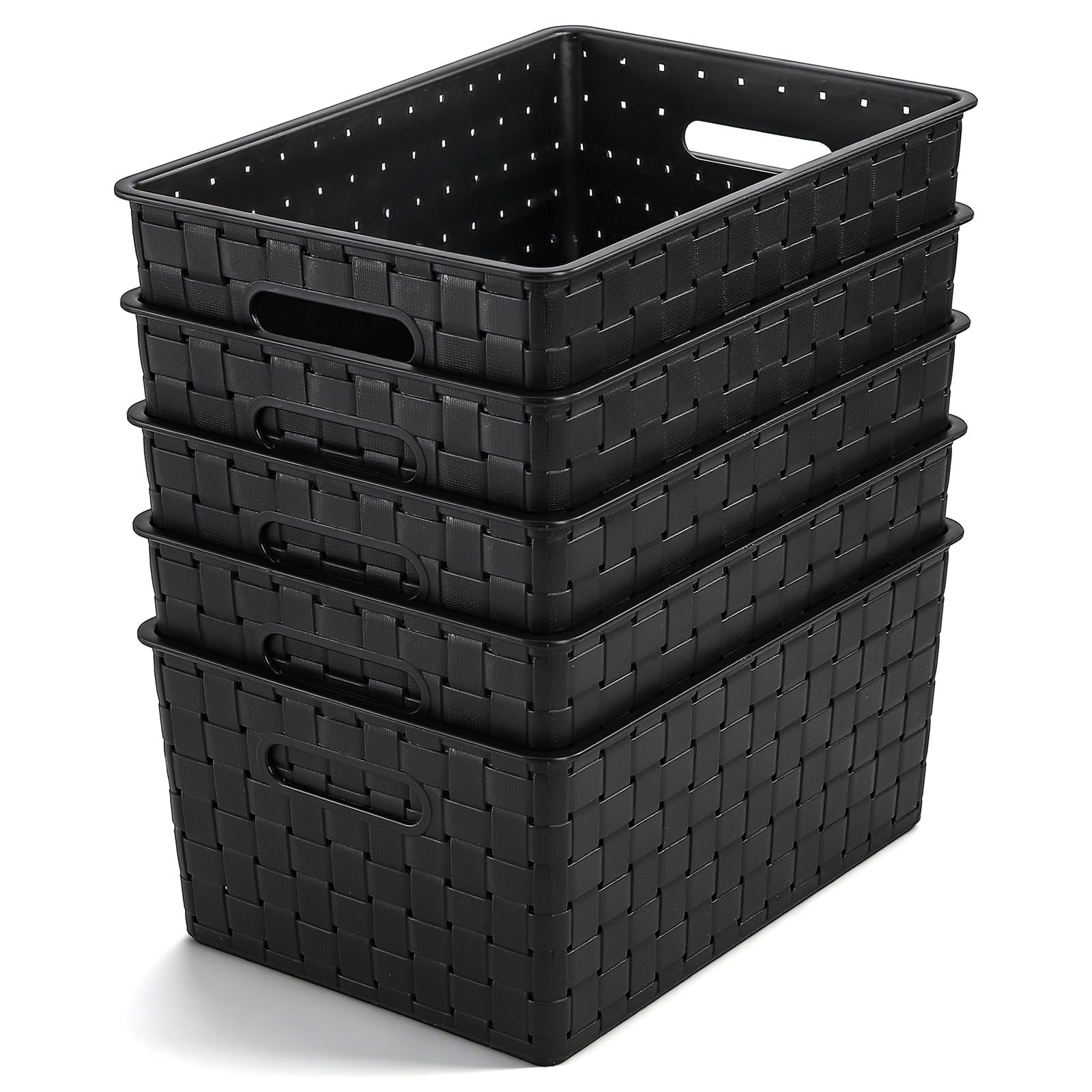 Bekith 5 Pack Woven Plastic Storage Basket, Small Plastic Storage Bin, Rectangular Cabinet Organizer for Home & Office, 9.8" L x 7" W x 4.5" H